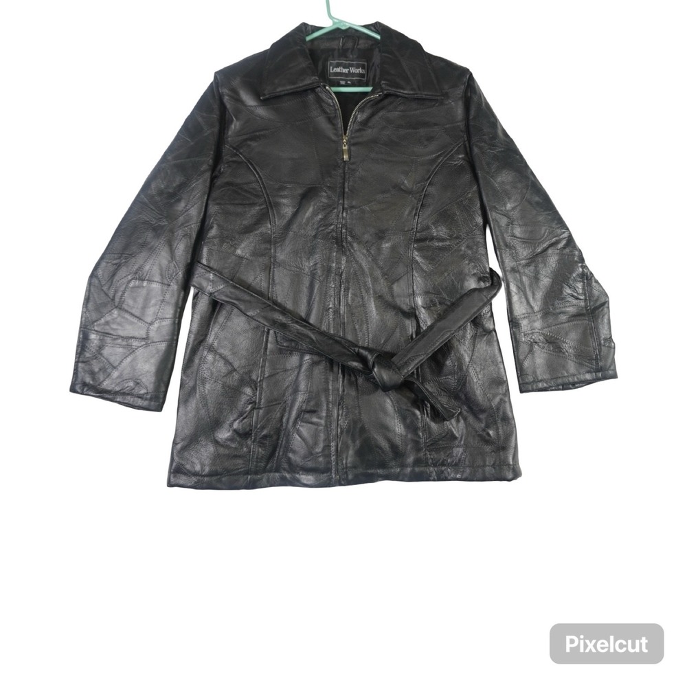 Leather Works Jacket Womens XL Black Full Zip Long Sleeve Belted Waist Outdoor